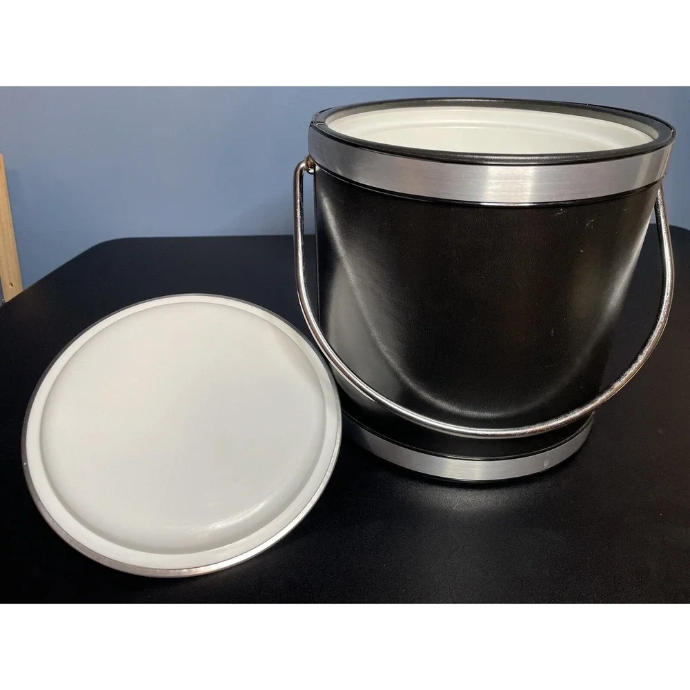 Kraftware Black Faux Leather Chrome Steel Ice Bucket Madmen Bar Cocktails